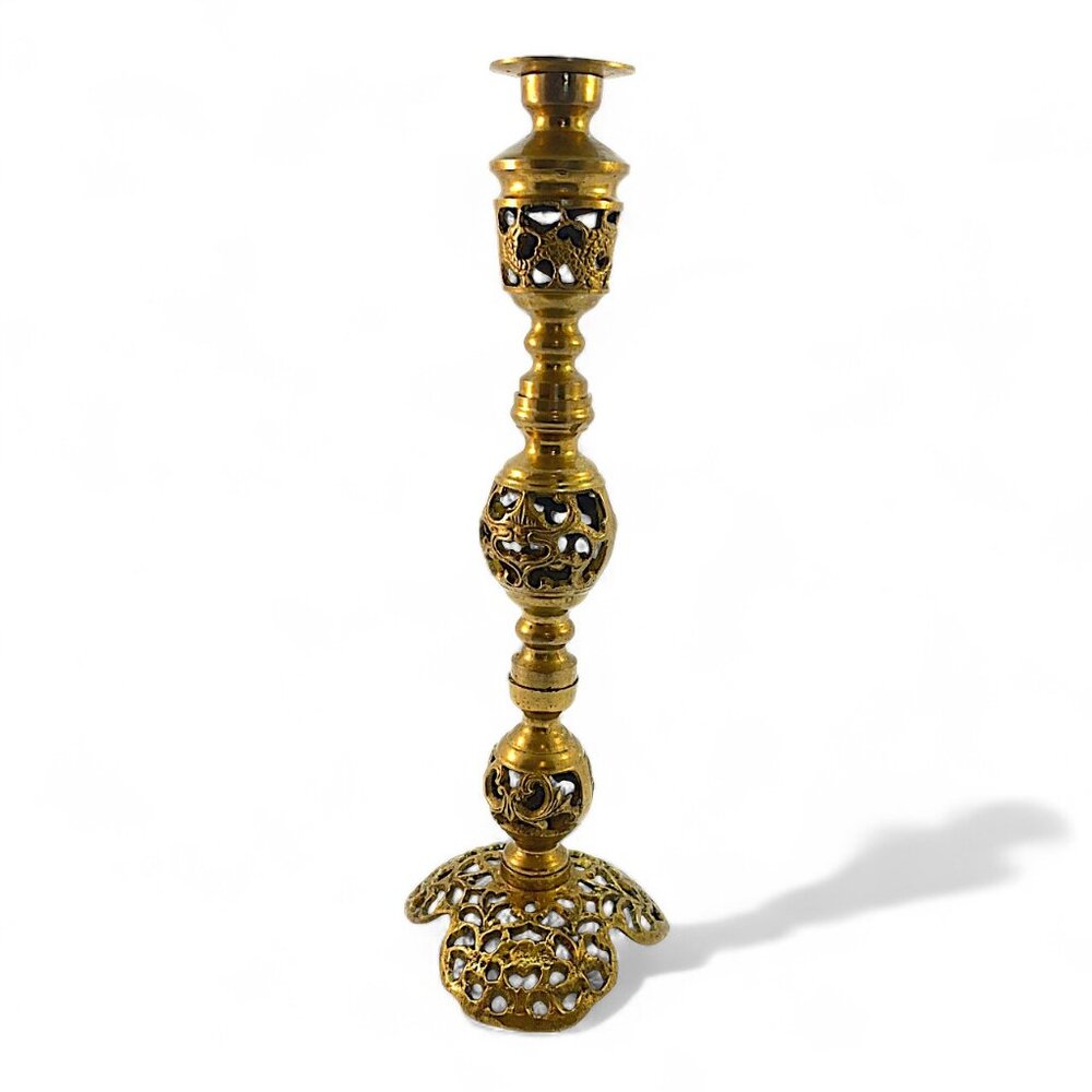 Vintage Reticulated Ornate Asian Carved Filigree Brass Pillar Candlestick Holder
